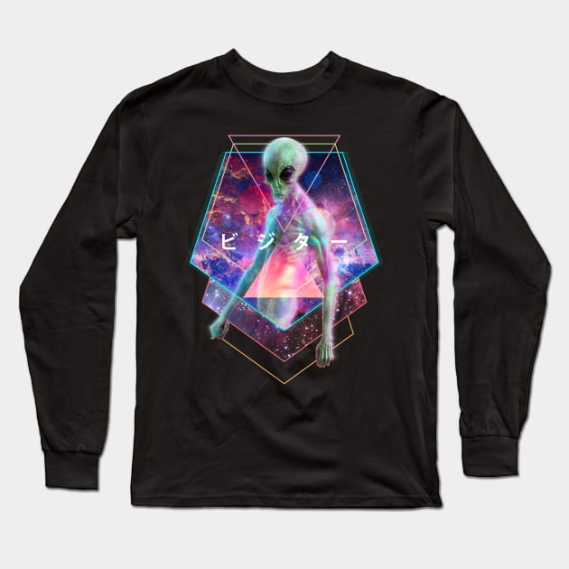 Alien Visitor Vaporwave Aesthetic Galaxy Outer Space Japanese Kanji Long Sleeve T-Shirt by Vaporwave